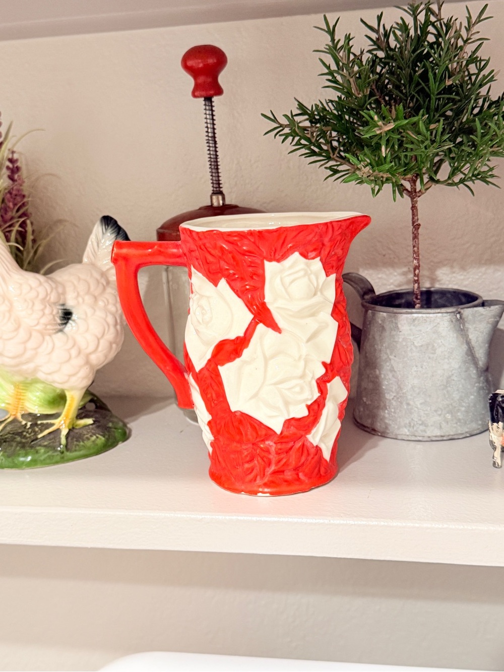 Rare Royal Trico Japan Ceramic Pitcher – Red & Cream Rose Relief, 1950s - Picture 3 of 14